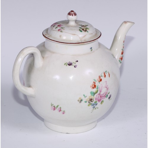 462 - A Derby globular teapot and cover, painted in polychrome with flowers, 19.5cm high, c.1770