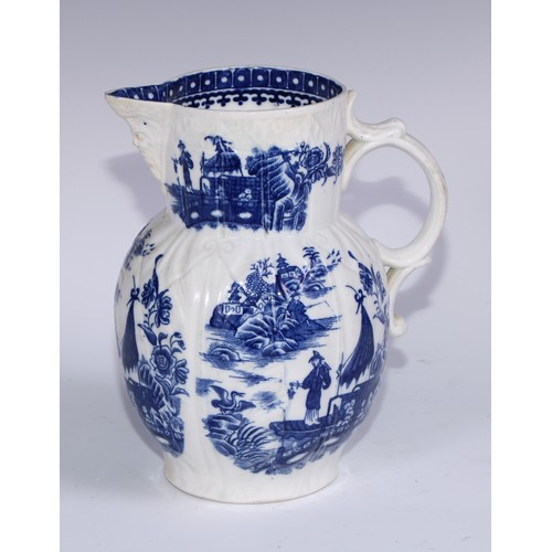 405 - A Caughley Fisherman and Cormorant pattern cabbage leaf moulded jug, mask spout, 22cm high, c.1785