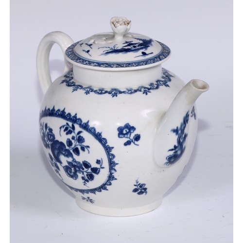 436 - A Worcester Fruit and Wreath pattern globular teapot and cover, transfer printed in underglaze blue,... 