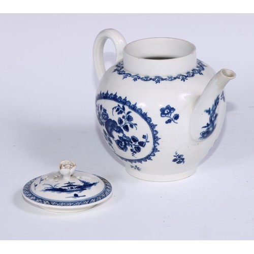 436 - A Worcester Fruit and Wreath pattern globular teapot and cover, transfer printed in underglaze blue,... 