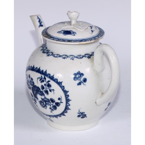 436 - A Worcester Fruit and Wreath pattern globular teapot and cover, transfer printed in underglaze blue,... 