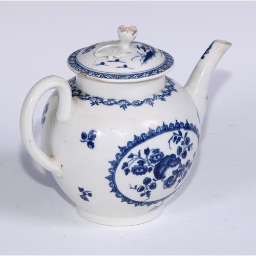 436 - A Worcester Fruit and Wreath pattern globular teapot and cover, transfer printed in underglaze blue,... 