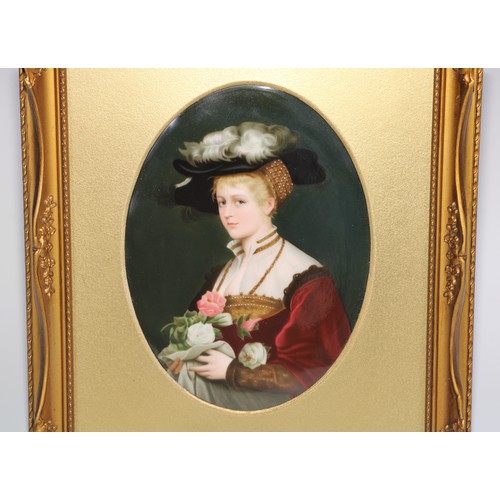 519 - A German porcelain oval plaque, painted with a portrait of a lady, 18.5cm x 14cm, gilt frame, 29cm x... 