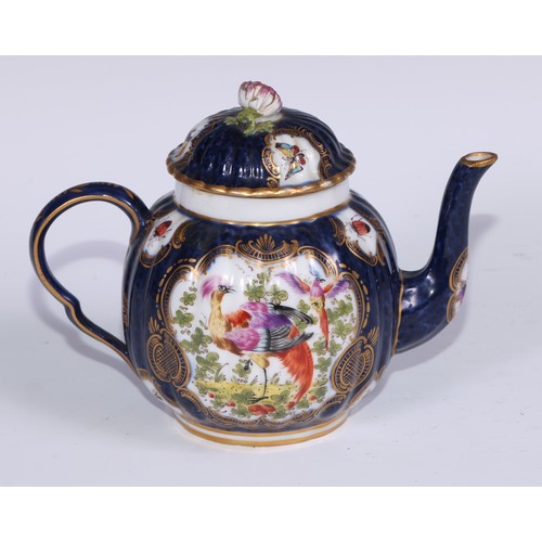 534 - A Samson Paris fluted globular teapot, in the manner of Worcester with fanciful birds within gilt ca... 