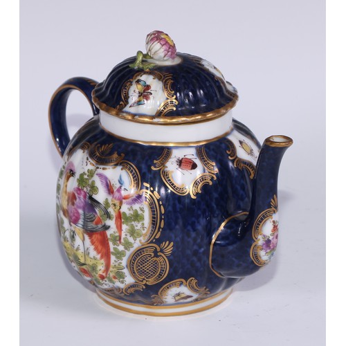 534 - A Samson Paris fluted globular teapot, in the manner of Worcester with fanciful birds within gilt ca... 