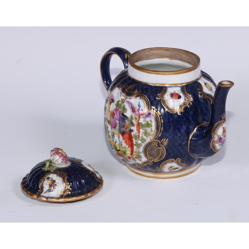 534 - A Samson Paris fluted globular teapot, in the manner of Worcester with fanciful birds within gilt ca... 