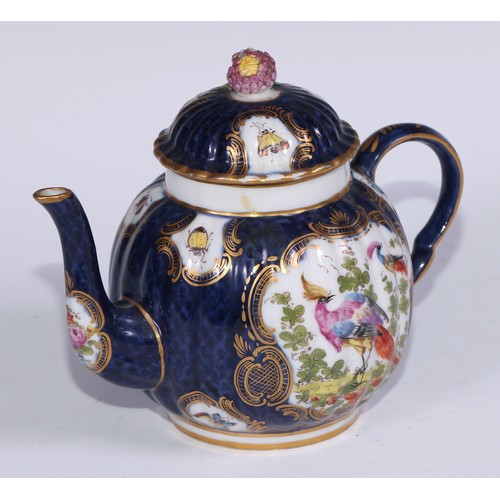 534 - A Samson Paris fluted globular teapot, in the manner of Worcester with fanciful birds within gilt ca... 