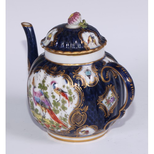 534 - A Samson Paris fluted globular teapot, in the manner of Worcester with fanciful birds within gilt ca... 