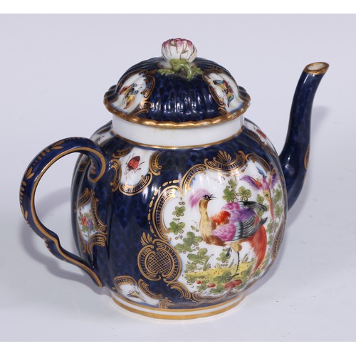 534 - A Samson Paris fluted globular teapot, in the manner of Worcester with fanciful birds within gilt ca... 