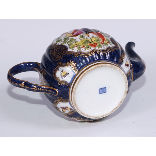 534 - A Samson Paris fluted globular teapot, in the manner of Worcester with fanciful birds within gilt ca... 