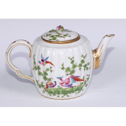 534 - A Samson Paris fluted globular teapot, in the manner of Worcester with fanciful birds within gilt ca... 