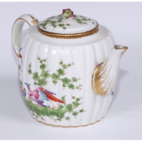 534 - A Samson Paris fluted globular teapot, in the manner of Worcester with fanciful birds within gilt ca... 