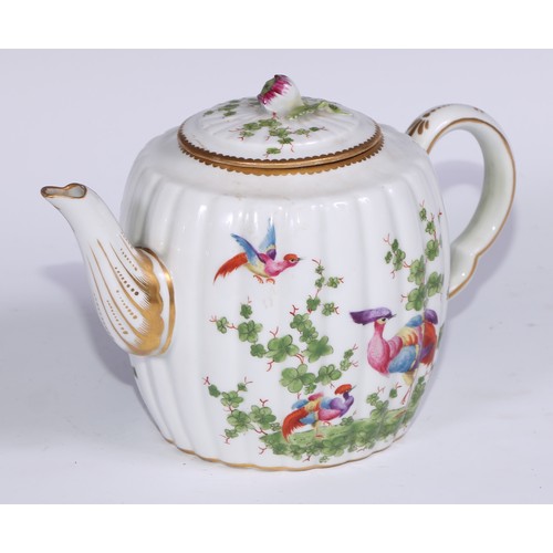 534 - A Samson Paris fluted globular teapot, in the manner of Worcester with fanciful birds within gilt ca... 