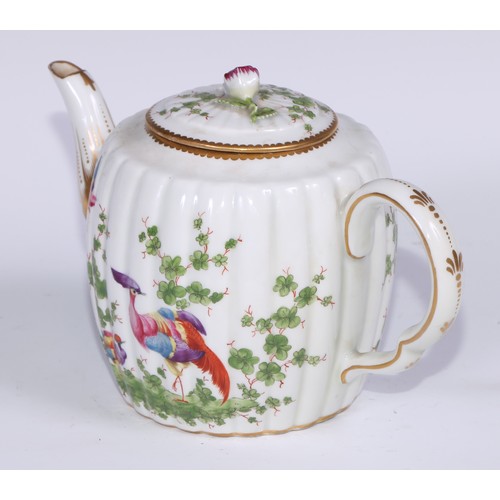 534 - A Samson Paris fluted globular teapot, in the manner of Worcester with fanciful birds within gilt ca... 