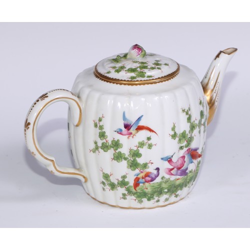 534 - A Samson Paris fluted globular teapot, in the manner of Worcester with fanciful birds within gilt ca... 