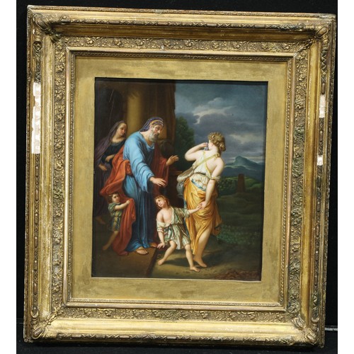 522 - A large KPM porcelain rectangular plaque, painted in polychrome with Abraham Banishing Hager and Ish... 