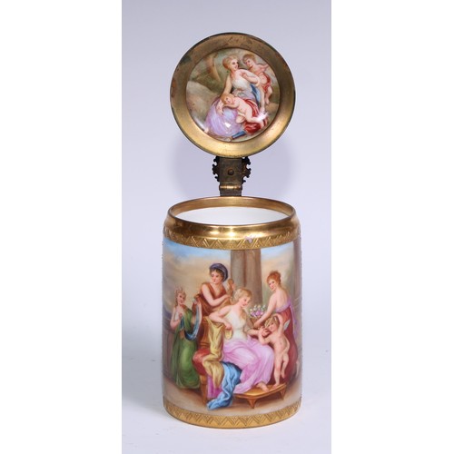 536 - A Vienna porcelain tankard, painted with Venus at her toilet, gilded and jewelled with fruiting vine... 