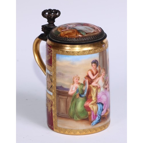 536 - A Vienna porcelain tankard, painted with Venus at her toilet, gilded and jewelled with fruiting vine... 