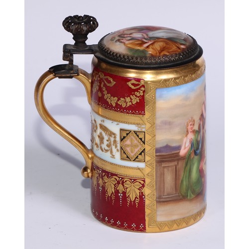 536 - A Vienna porcelain tankard, painted with Venus at her toilet, gilded and jewelled with fruiting vine... 