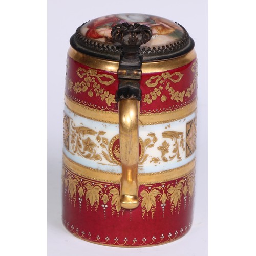 536 - A Vienna porcelain tankard, painted with Venus at her toilet, gilded and jewelled with fruiting vine... 