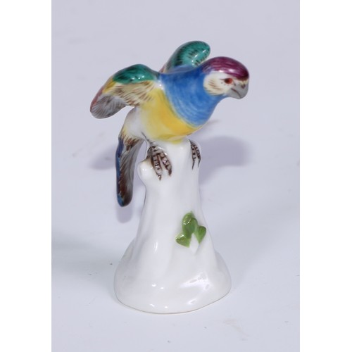 535 - A set of five German porcelain miniature models of parrots, brightly decorated in polychrome, the la... 