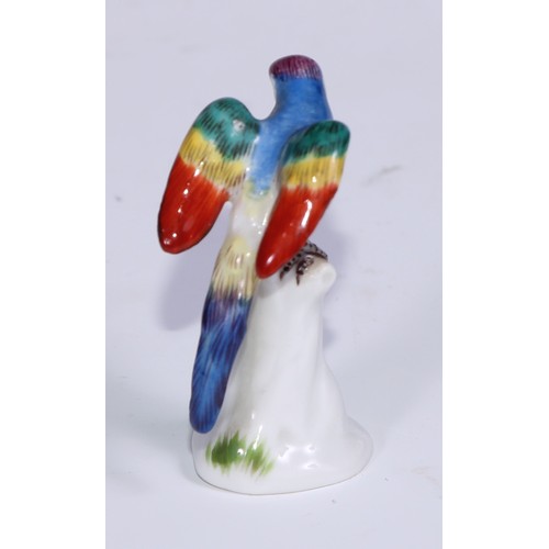 535 - A set of five German porcelain miniature models of parrots, brightly decorated in polychrome, the la... 