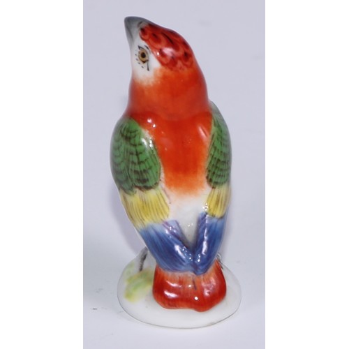 535 - A set of five German porcelain miniature models of parrots, brightly decorated in polychrome, the la... 