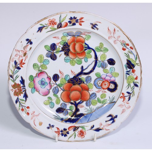 450 - A set of six English ironstone dessert plates, painted and gilt with flowers, 20.5cm diam, c.1820