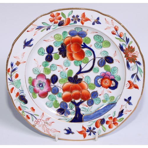 450 - A set of six English ironstone dessert plates, painted and gilt with flowers, 20.5cm diam, c.1820