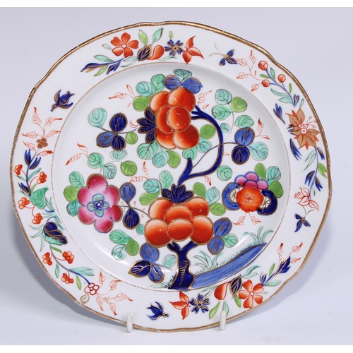 450 - A set of six English ironstone dessert plates, painted and gilt with flowers, 20.5cm diam, c.1820