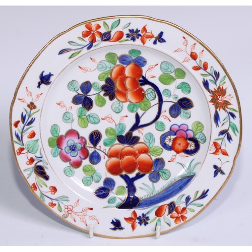 450 - A set of six English ironstone dessert plates, painted and gilt with flowers, 20.5cm diam, c.1820