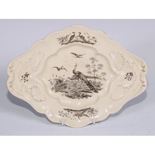 453 - A Wedgwood creamware shaped circular plate, Liverpool printed with birds, 24cm diam, c. 1780; a sauc... 