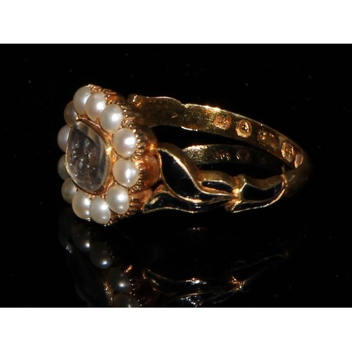 359 - A Victorian 18ct gold mourning ring, set with a plaited and waxed lock of hair, surrounded by twelve... 