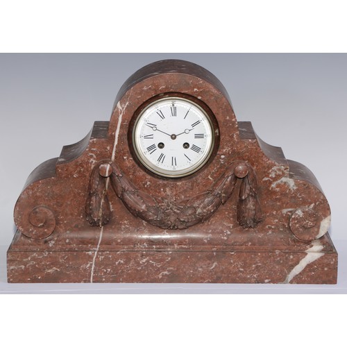 980 - A French Breche Rouge marble mantel clock garniture, 10cm circular dial inscribed with Roman and sub... 