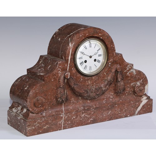 980 - A French Breche Rouge marble mantel clock garniture, 10cm circular dial inscribed with Roman and sub... 