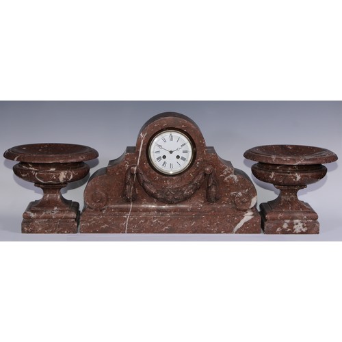 980 - A French Breche Rouge marble mantel clock garniture, 10cm circular dial inscribed with Roman and sub... 