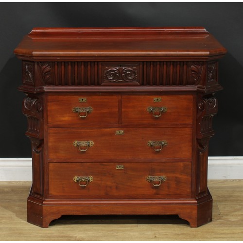 1335 - A late Victorian mahogany chest, oversailing top with canted foreangles and shallow half-gallery abo... 