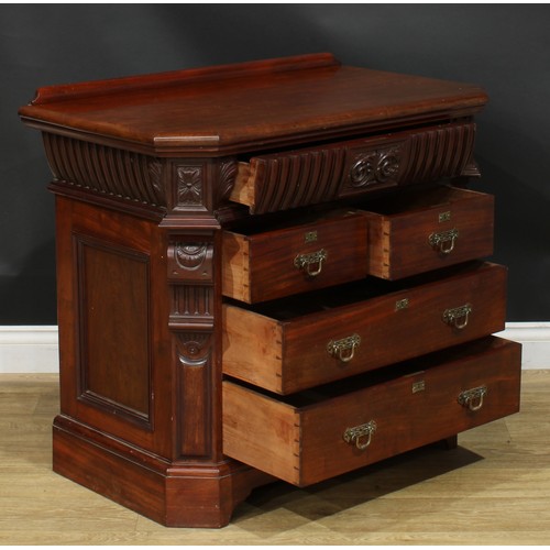 1335 - A late Victorian mahogany chest, oversailing top with canted foreangles and shallow half-gallery abo... 