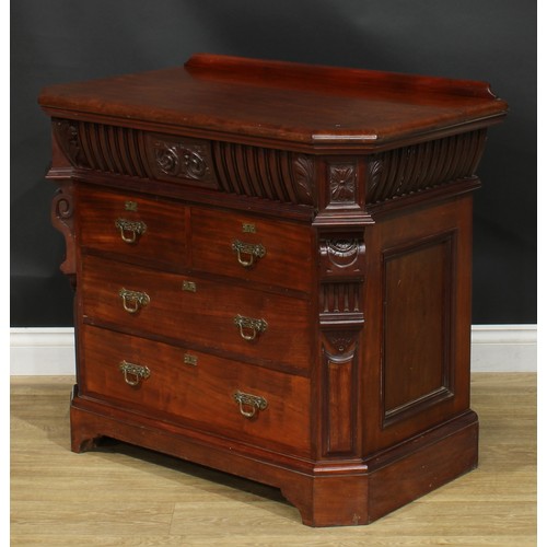 1335 - A late Victorian mahogany chest, oversailing top with canted foreangles and shallow half-gallery abo... 