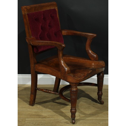 1330 - A late Victorian desk chair, possibly Heal's, rectangular back with stuffed-over deep-button upholst... 