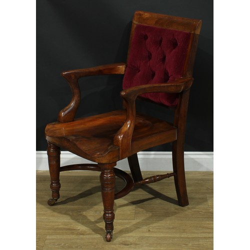 1330 - A late Victorian desk chair, possibly Heal's, rectangular back with stuffed-over deep-button upholst... 