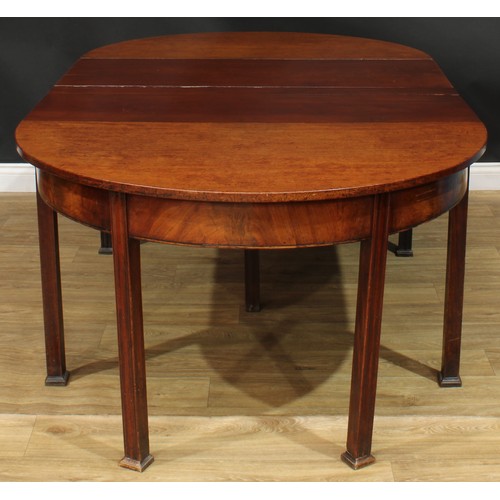 1217 - A George III mahogany D-end dining table, two additional leaves, moulded square legs, 71cm high, 119... 