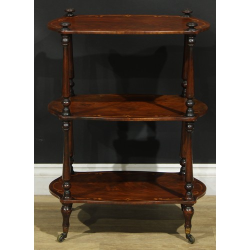 1007 - A 19th century walnut and marquetry three-tier etagere, shaped rectangular plateaux, turned supports... 