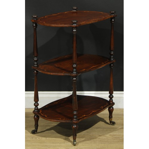 1007 - A 19th century walnut and marquetry three-tier etagere, shaped rectangular plateaux, turned supports... 