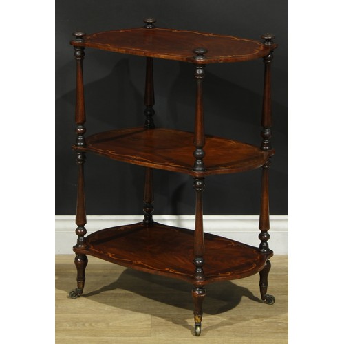 1007 - A 19th century walnut and marquetry three-tier etagere, shaped rectangular plateaux, turned supports... 