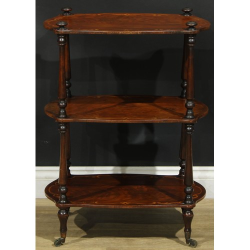 1007 - A 19th century walnut and marquetry three-tier etagere, shaped rectangular plateaux, turned supports... 