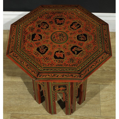 1365 - A near pair of Burmese red lacquer Hoshiarpur tables, decorated throughout in the traditional manner... 