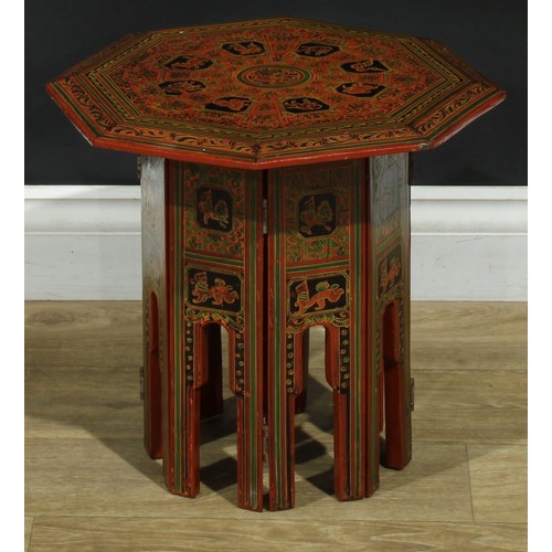 1365 - A near pair of Burmese red lacquer Hoshiarpur tables, decorated throughout in the traditional manner... 