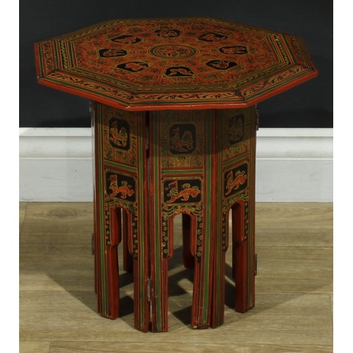 1365 - A near pair of Burmese red lacquer Hoshiarpur tables, decorated throughout in the traditional manner... 