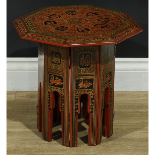 1365 - A near pair of Burmese red lacquer Hoshiarpur tables, decorated throughout in the traditional manner... 